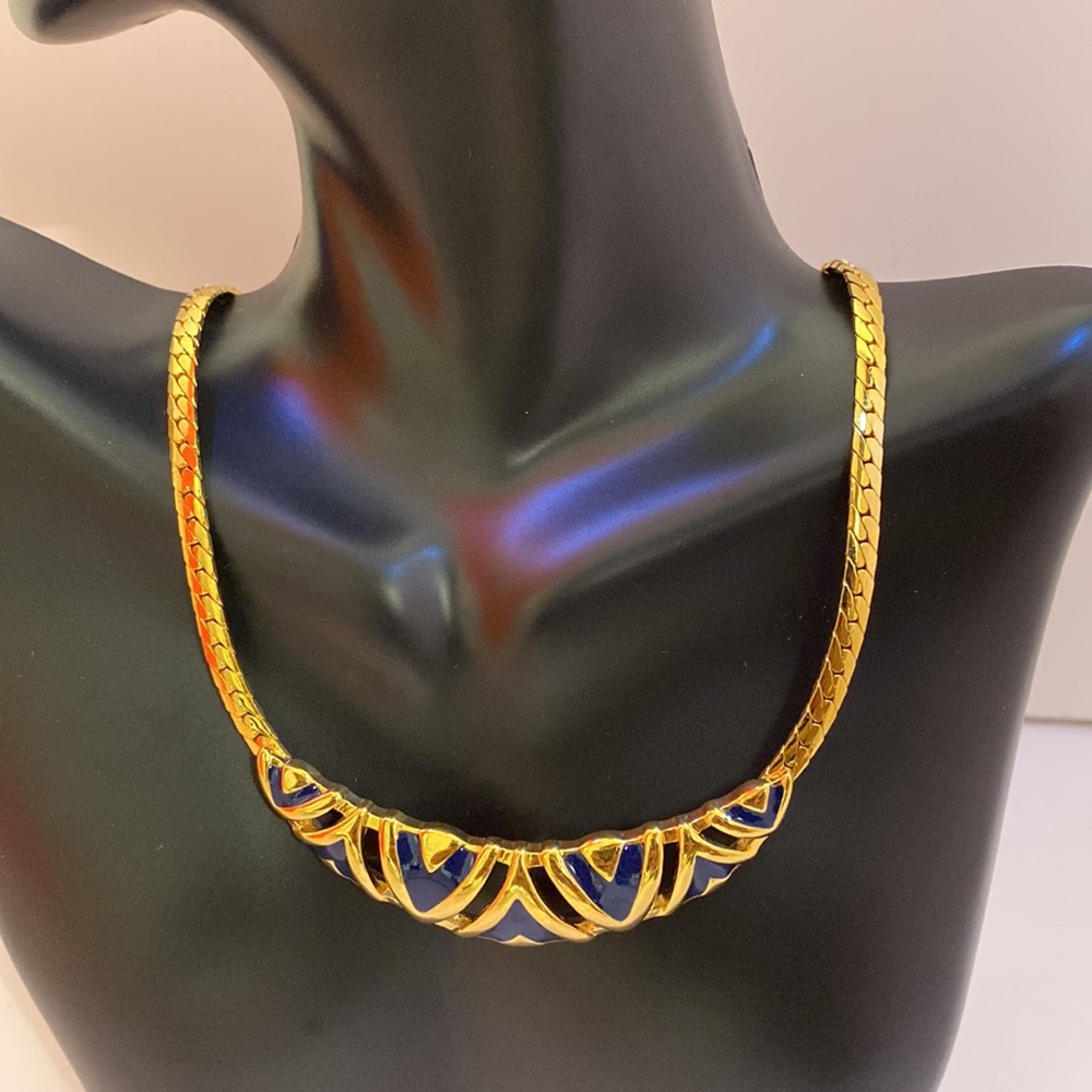 Vintage Avon Goldtone Chevron Collar Flat Snake Chain Necklace with Navy Enamel